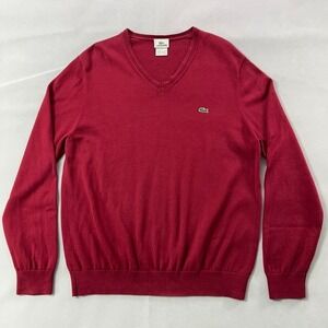 Lacoste Sweater Men 6 Red‎ V-Neck Pullover 100% Cotton Classic Preppy